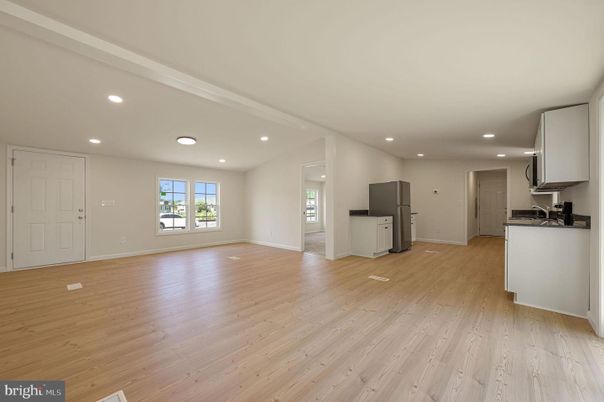 Empty room, Interior, Kitchen, Recessed Lighting, Wood Texture Flooring