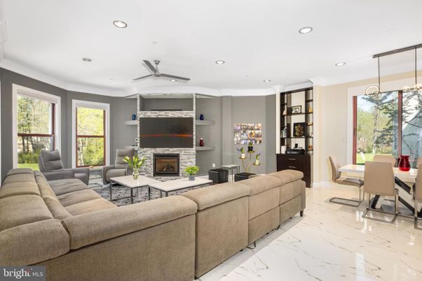 Dining room, Fireplace, Interior, Living room, Marble, Pendant Lights, Recessed Lighting