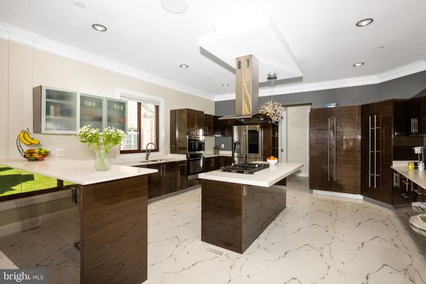 Interior, Kitchen, Marble, Pendant Lights, Recessed Lighting, Stainless Steel Appliances