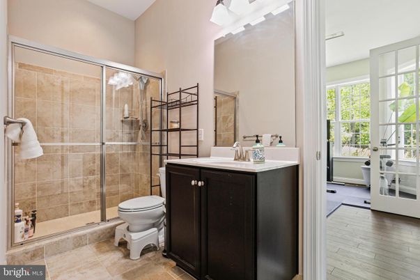 Bathroom, Glass Shower, Interior, Wood Texture Flooring