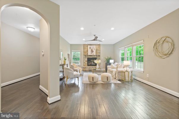 Fireplace, Interior, Living room, Recessed Lighting, Wood Texture Flooring