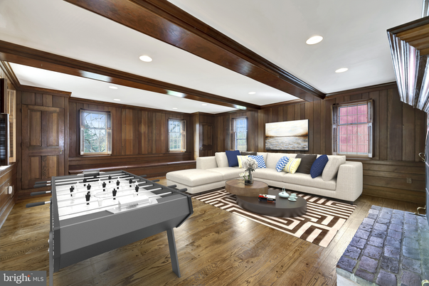 Game Room, Interior, Living room, Recessed Lighting, Wood Texture Flooring, Wooden Walls