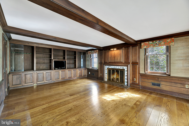 Empty room, Fireplace, Interior, Wooden Beams, Wood Texture Flooring, Wooden Walls