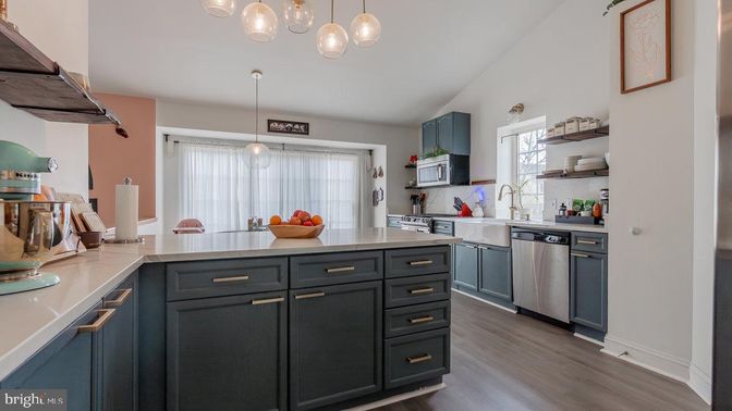 Interior, Kitchen, Pendant Lights, Stainless Steel Appliances, Wood Texture Flooring