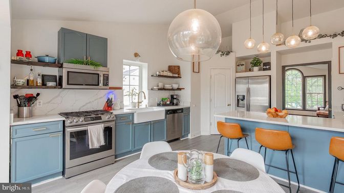 Interior, Kitchen, Pendant Lights, Stainless Steel Appliances, Wood Texture Flooring