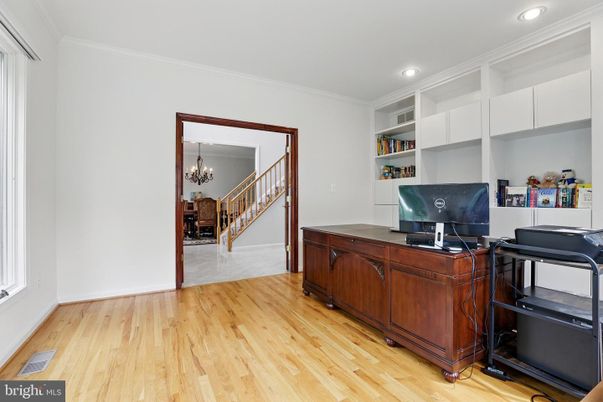 Chandelier, Home Office, Interior, Recessed Lighting, Wood Texture Flooring