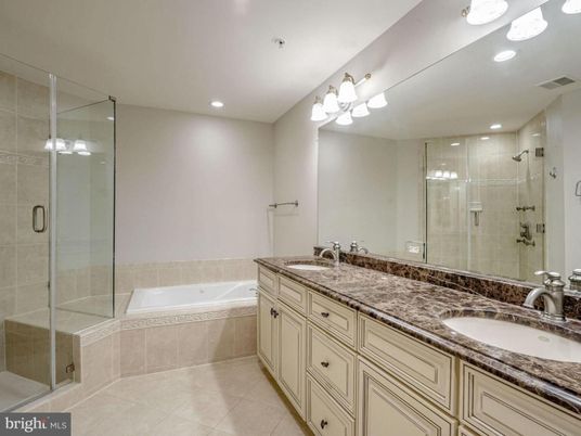 Bathroom, Dual Sink Vanities, Glass Shower, Interior, Recessed Lighting