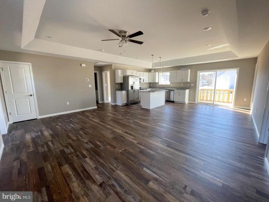 Empty room, Interior, Kitchen, Pendant Lights, Recessed Lighting, Wood Texture Flooring