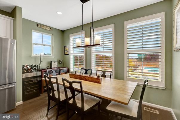 Dining room, Interior, Pendant Lights, Recessed Lighting, Wood Texture Flooring