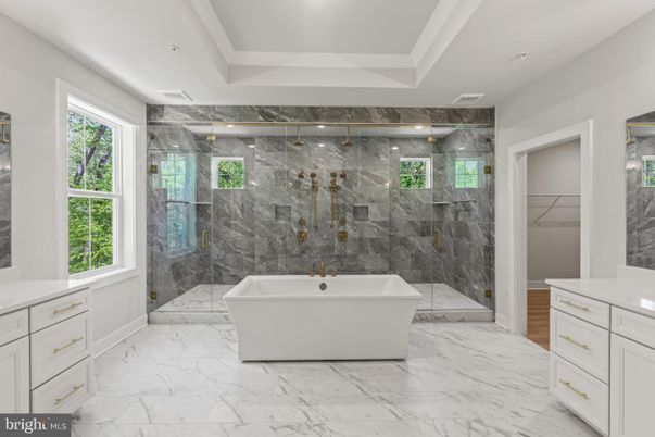 Bathroom, Free Standing Baths, Glass Shower, Interior, Marble, Marble Walls, Recessed Lighting