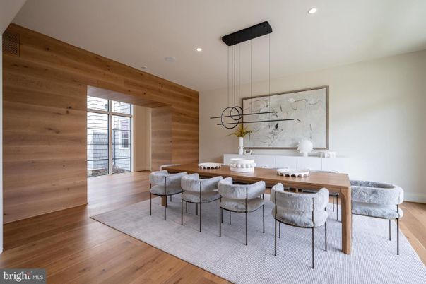 Dining room, Interior, Pendant Lights, Recessed Lighting, Wood Texture Flooring, Wooden Walls