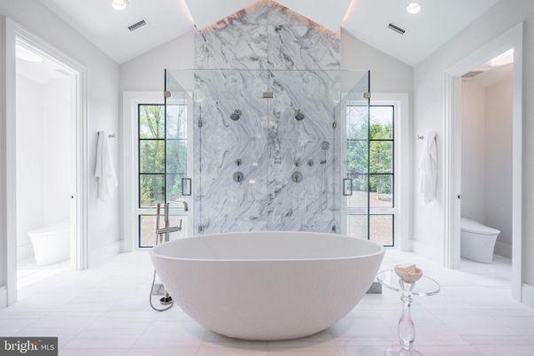 Bathroom, Free Standing Baths, Glass Shower, Interior, Marble, Marble Walls, Recessed Lighting