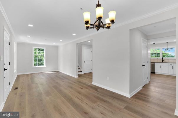 Chandelier, Empty room, Interior, Pendant Lights, Recessed Lighting, Wood Texture Flooring
