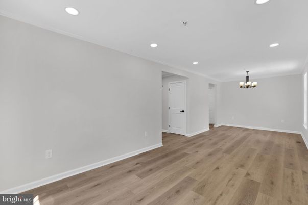 Chandelier, Empty room, Interior, Recessed Lighting, Wood Texture Flooring