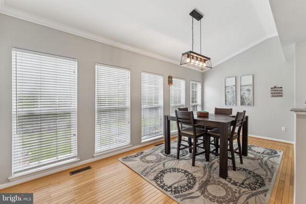 Dining room, Interior, Pendant Lights, Wood Texture Flooring