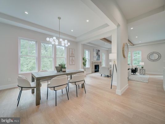 Dining room, Fireplace, Interior, Living room, Pendant Lights, Recessed Lighting, Wood Texture Flooring
