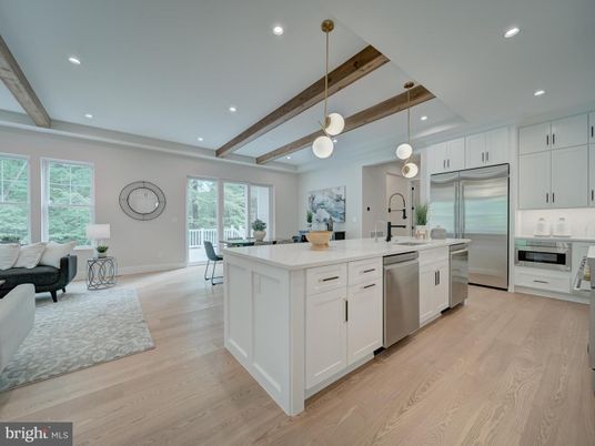Interior, Kitchen, Living room, Pendant Lights, Recessed Lighting, Stainless Steel Appliances, Wooden Beams, Wood Texture Flooring