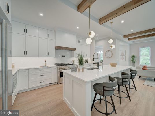 Interior, Kitchen, Pendant Lights, Recessed Lighting, Stainless Steel Appliances, Wooden Beams, Wood Texture Flooring