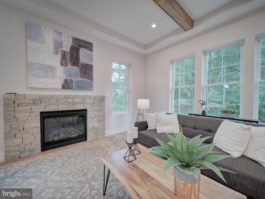 Fireplace, Interior, Living room, Recessed Lighting, Stone Walls, Wooden Beams, Wood Texture Flooring