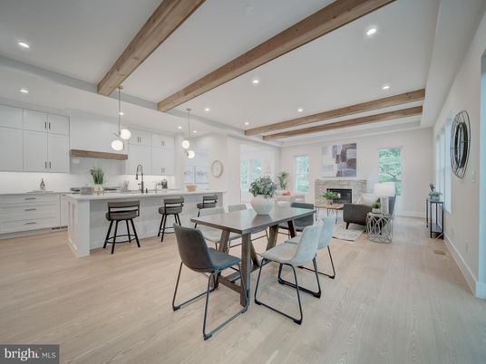 Dining room, Fireplace, Interior, Kitchen, Living room, Pendant Lights, Recessed Lighting, Wooden Beams, Wood Texture Flooring