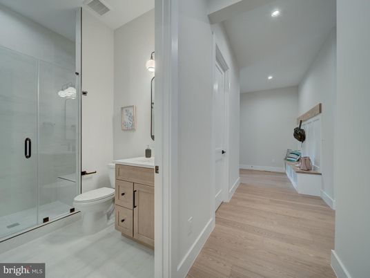 Bathroom, Glass Shower, Interior, Recessed Lighting, Wood Texture Flooring