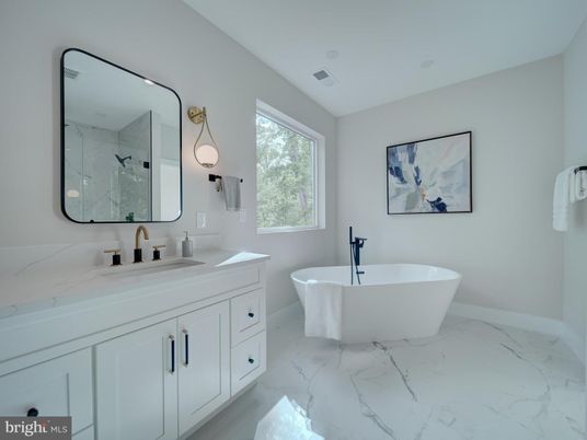 Bathroom, Dual Sink Vanities, Free Standing Baths, Interior, Marble, Marble Walls