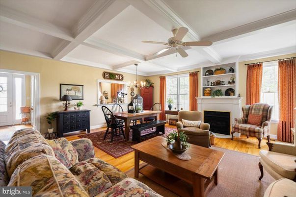 Chandelier, Dining room, Fireplace, Interior, Living room, Wood Texture Flooring