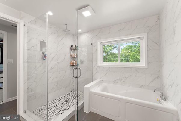 Bathroom, Glass Shower, Interior, Marble Walls, Recessed Lighting