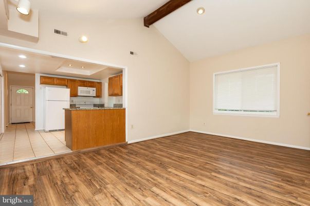 Empty room, Interior, Kitchen, Recessed Lighting, Wooden Beams, Wood Texture Flooring