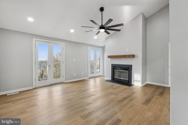 Empty room, Fireplace, Interior, Recessed Lighting, Wood Texture Flooring