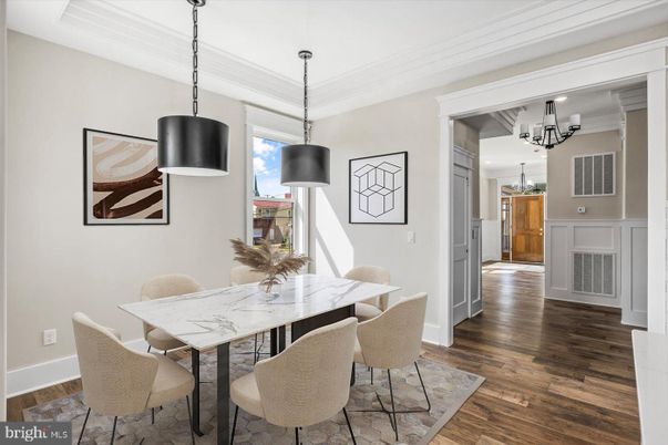 Dining room, Interior, Pendant Lights, Wood Texture Flooring