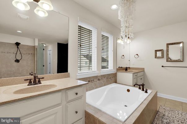 Bathroom, Chandelier, Dual Sink Vanities, Interior, Recessed Lighting