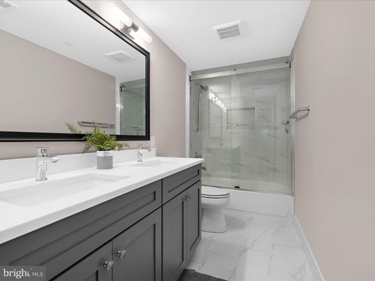 Bathroom, Dual Sink Vanities, Glass Shower, Interior, Marble, Marble Walls