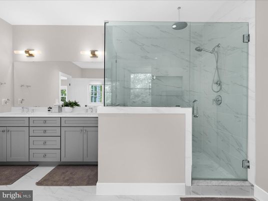 Bathroom, Dual Sink Vanities, Glass Shower, Interior, Marble, Marble Walls