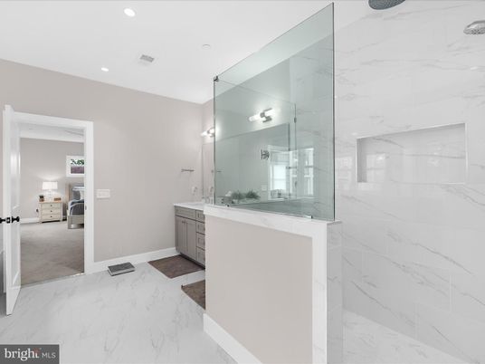 Bathroom, Glass Shower, Interior, Marble, Marble Walls, Recessed Lighting