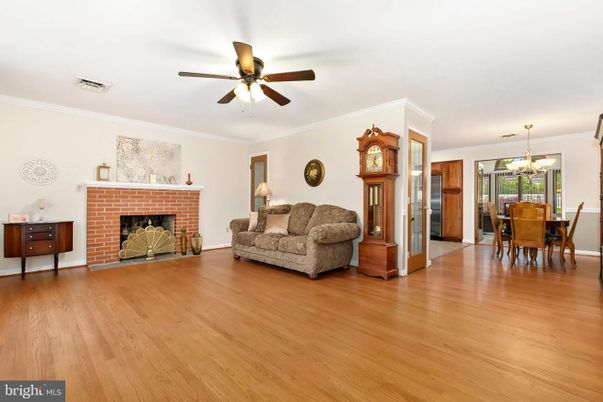 Dining room, Fireplace, Interior, Pendant Lights, Wood Texture Flooring