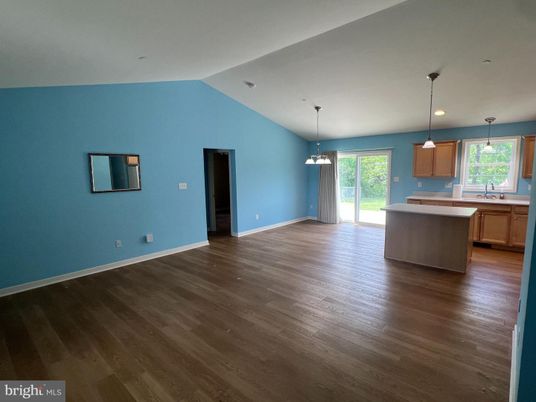 Empty room, Interior, Kitchen, Pendant Lights, Recessed Lighting, Wood Texture Flooring