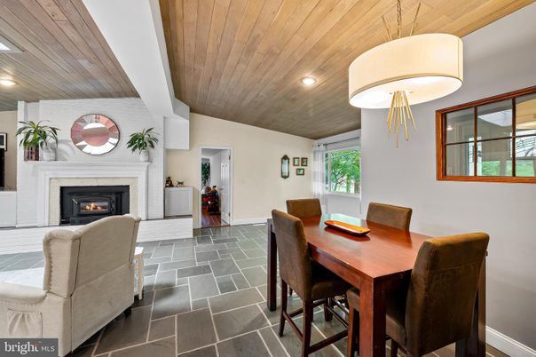 Dining room, Fireplace, Interior, Pendant Lights, Recessed Lighting, Wooden Ceilings