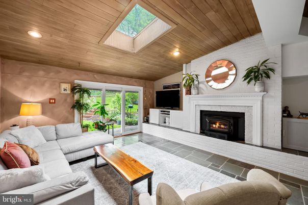Fireplace, Interior, Living room, Recessed Lighting, Stone Walls, Wooden Ceilings