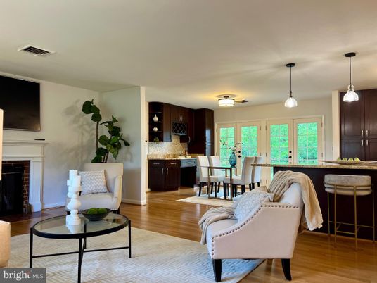 Dining room, Fireplace, Interior, Kitchen, Pendant Lights, Wood Texture Flooring