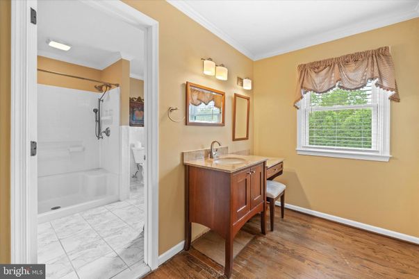 Bathroom, Glass Shower, Interior, Marble, Wood Texture Flooring