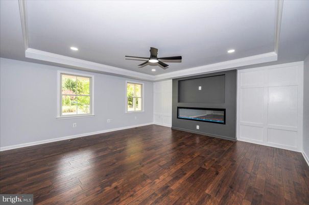 Empty room, Fireplace, Interior, Recessed Lighting, Wood Texture Flooring