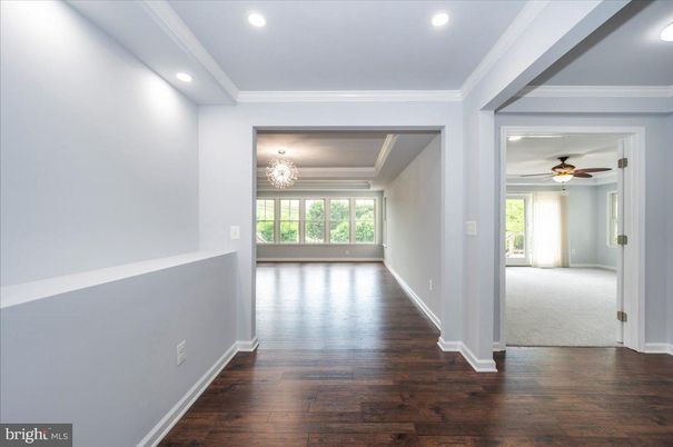Chandelier, Empty room, Interior, Recessed Lighting, Wood Texture Flooring