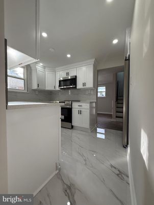 Interior, Kitchen, Marble, Recessed Lighting, Stainless Steel Appliances