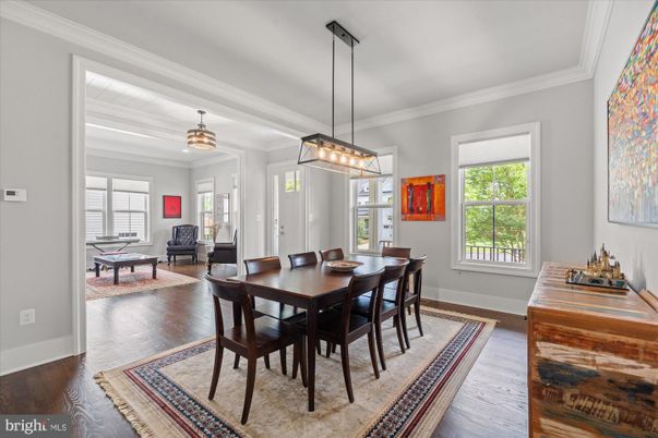 Dining room, Interior, Pendant Lights, Wood Texture Flooring