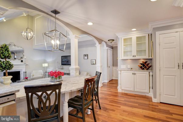 Fireplace, Interior, Kitchen, Living room, Pendant Lights, Recessed Lighting, Wood Texture Flooring