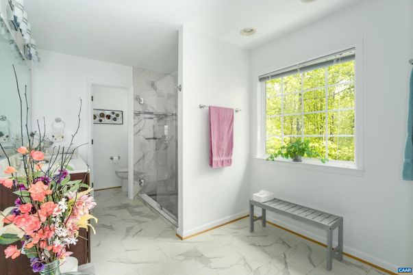 Bathroom, Glass Shower, Interior, Marble, Marble Walls, Recessed Lighting