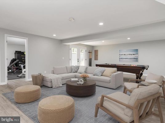 Billiard Table, Fitness Equipment, Game Room, Interior, Living room, Recessed Lighting, Wood Texture Flooring
