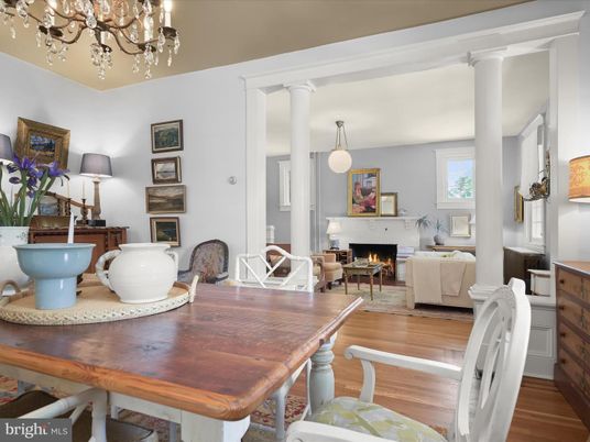 Chandelier, Dining room, Fireplace, Interior, Living room, Pendant Lights, Wood Texture Flooring