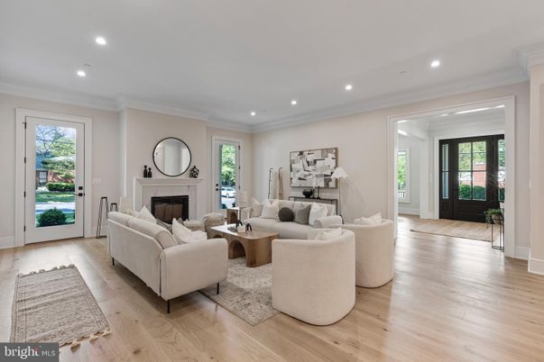 Dining room, Fireplace, Interior, Living room, Recessed Lighting, Wood Texture Flooring
